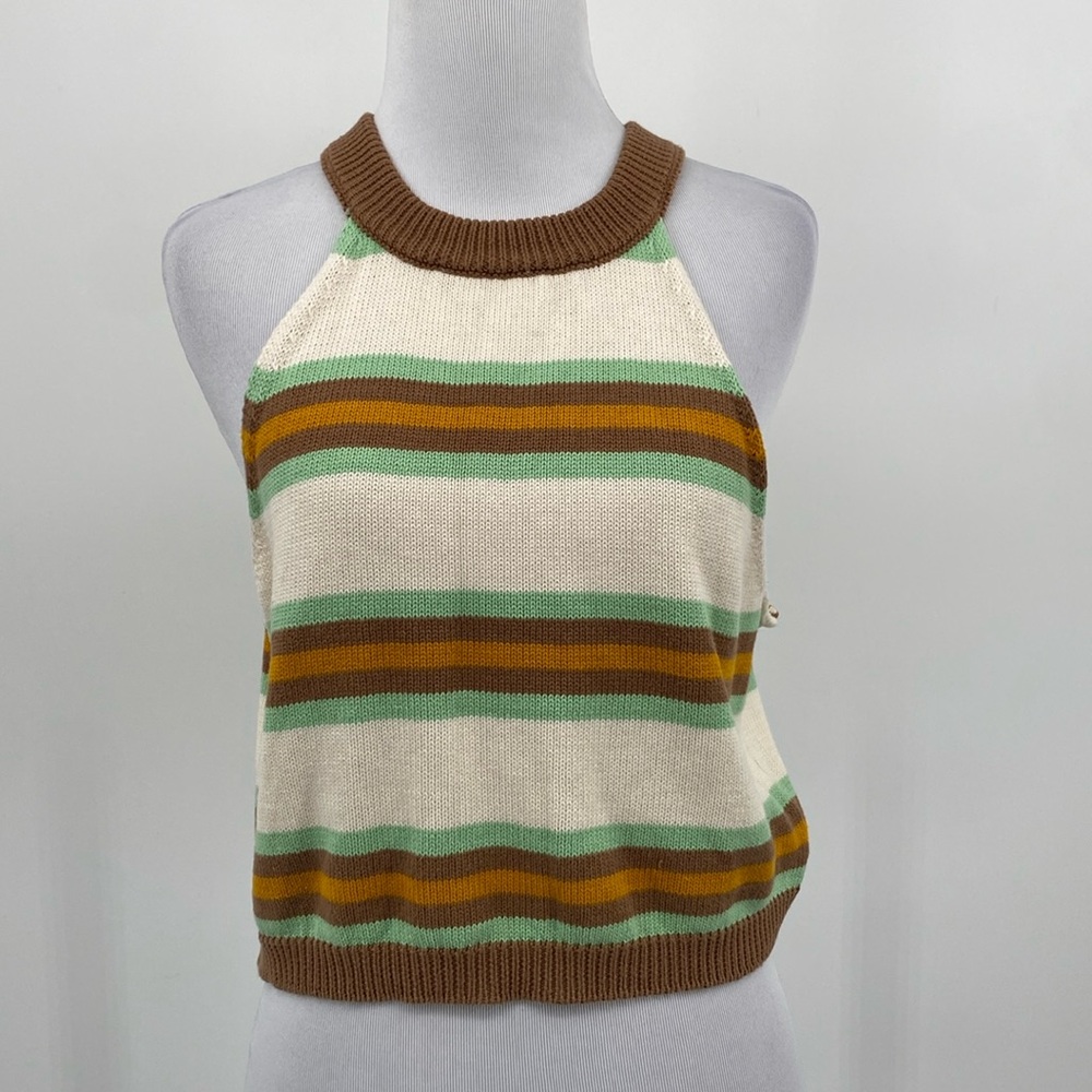 Nikka K Tank‎ Top Womens XL Brown Green Striped Cami Knit Sleeveless Crop Halter